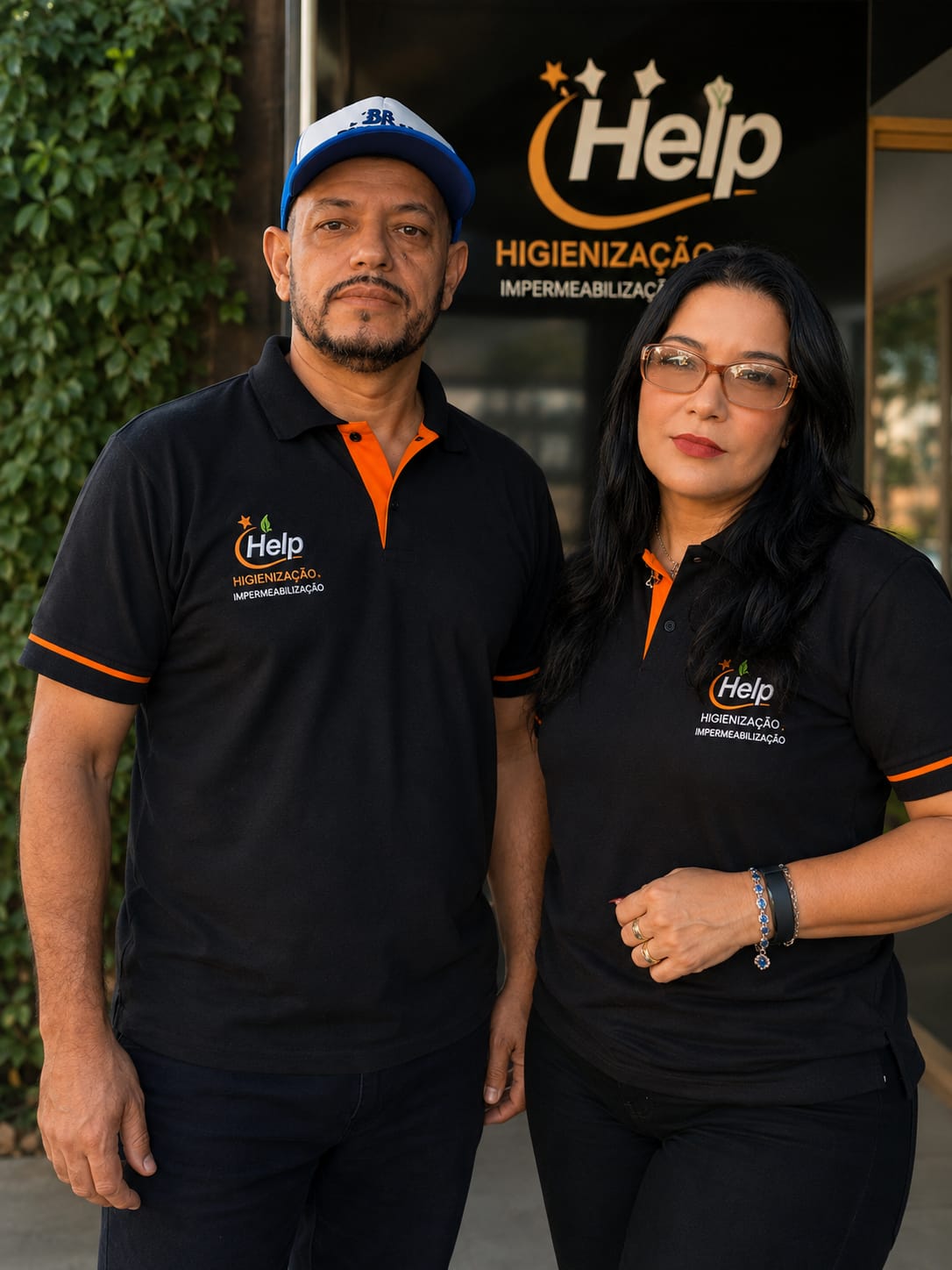 Maite e equipe em frente à fachada da Help Higienização